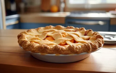 Freshly Baked Peach Lattice Pie On Wooden Table