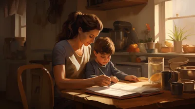 Mother Helping Young Son With Homework In Kitchen