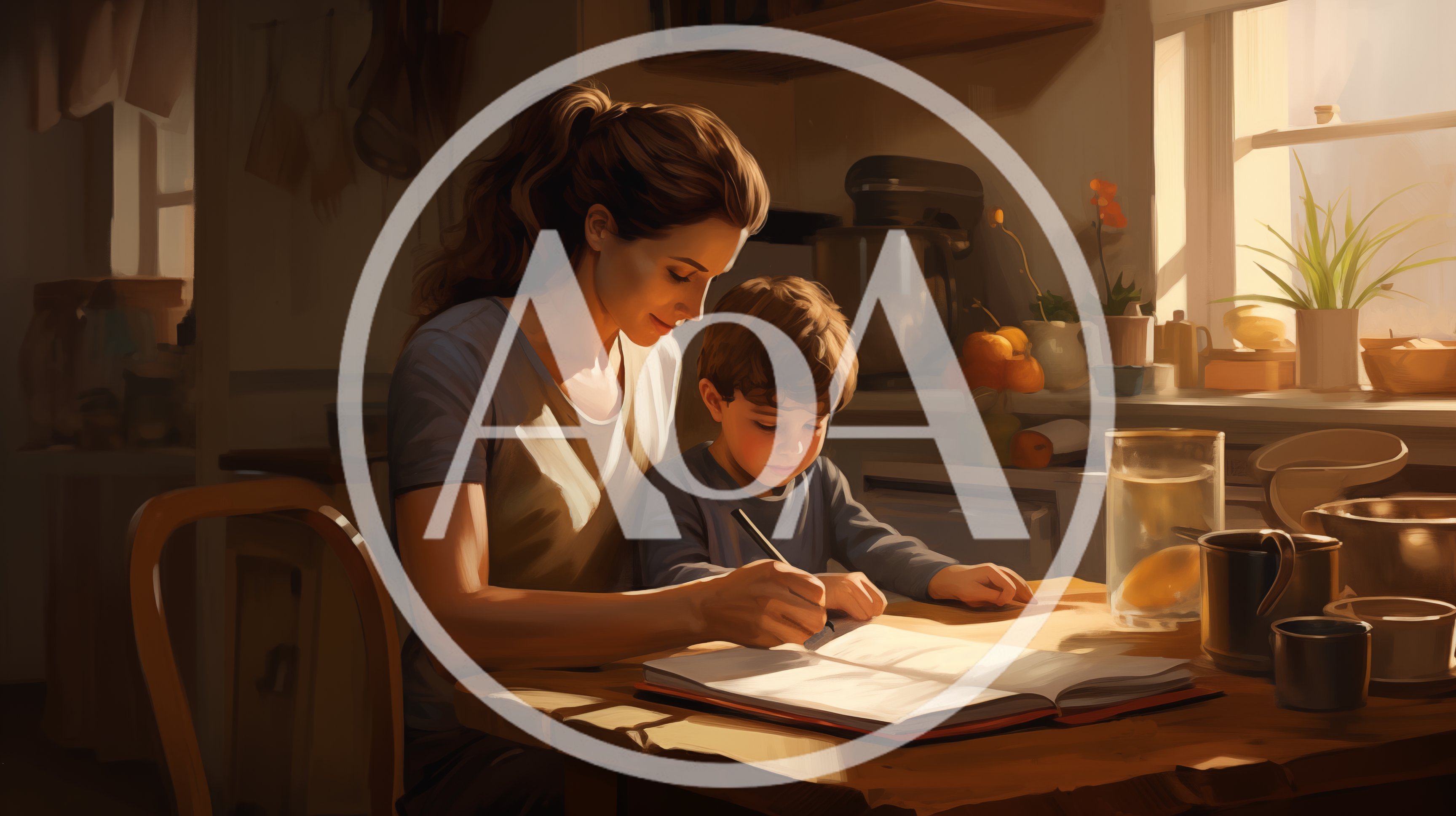 Mother Helping Young Son With Homework In Kitchen