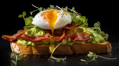 Gourmet Avocado Toast With Poached Egg And Crispy Bacon