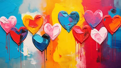 Abstract Oil Painting With Colorful Textured Hearts