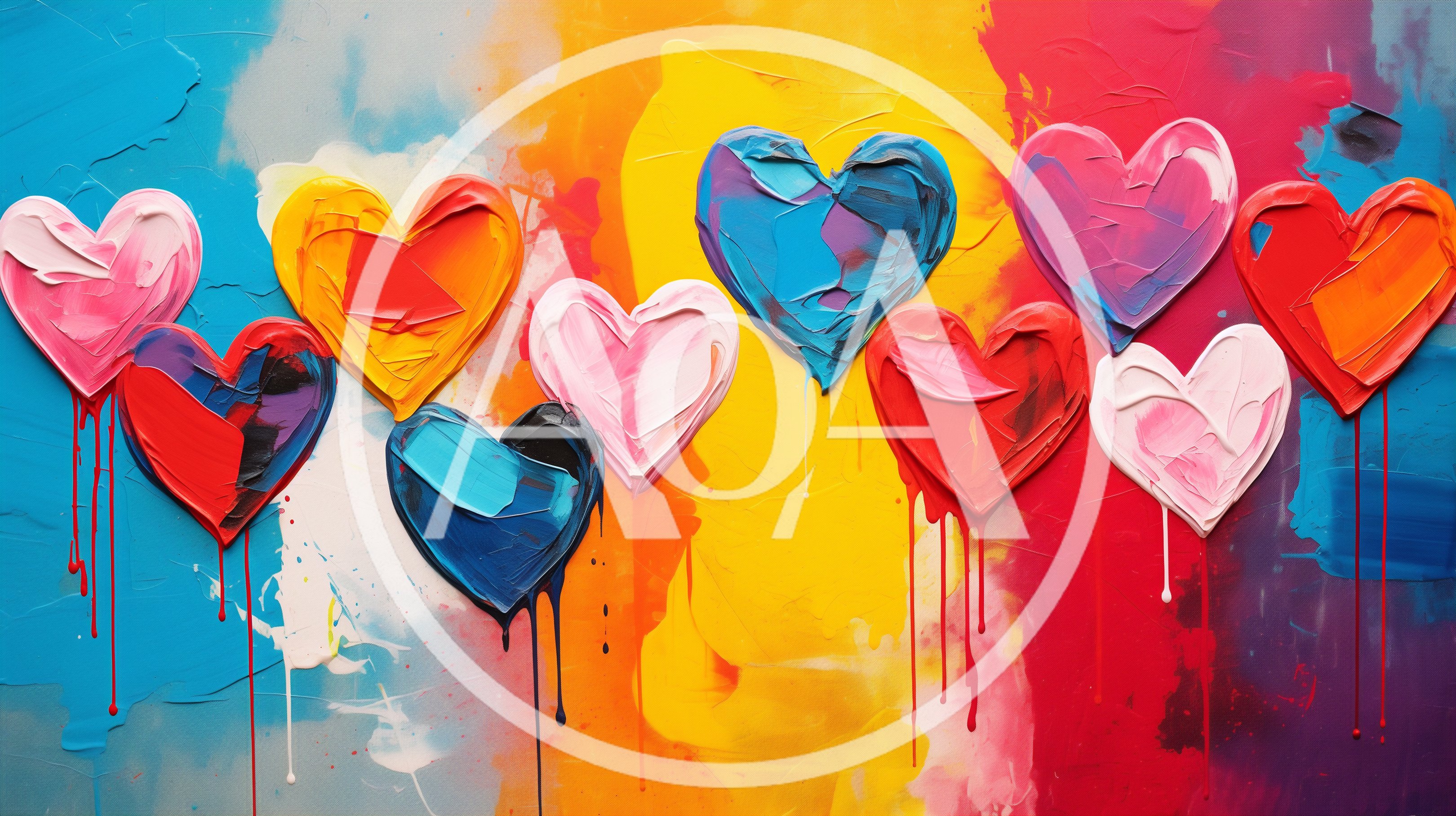 Abstract Oil Painting With Colorful Textured Hearts