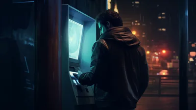 Man Using ATM at Night in City