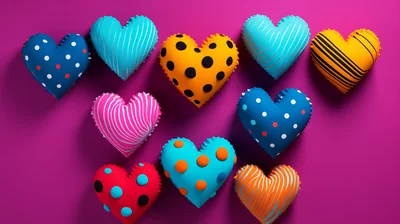 Colorful Patterned Heart Shaped Pillows on Purple Background