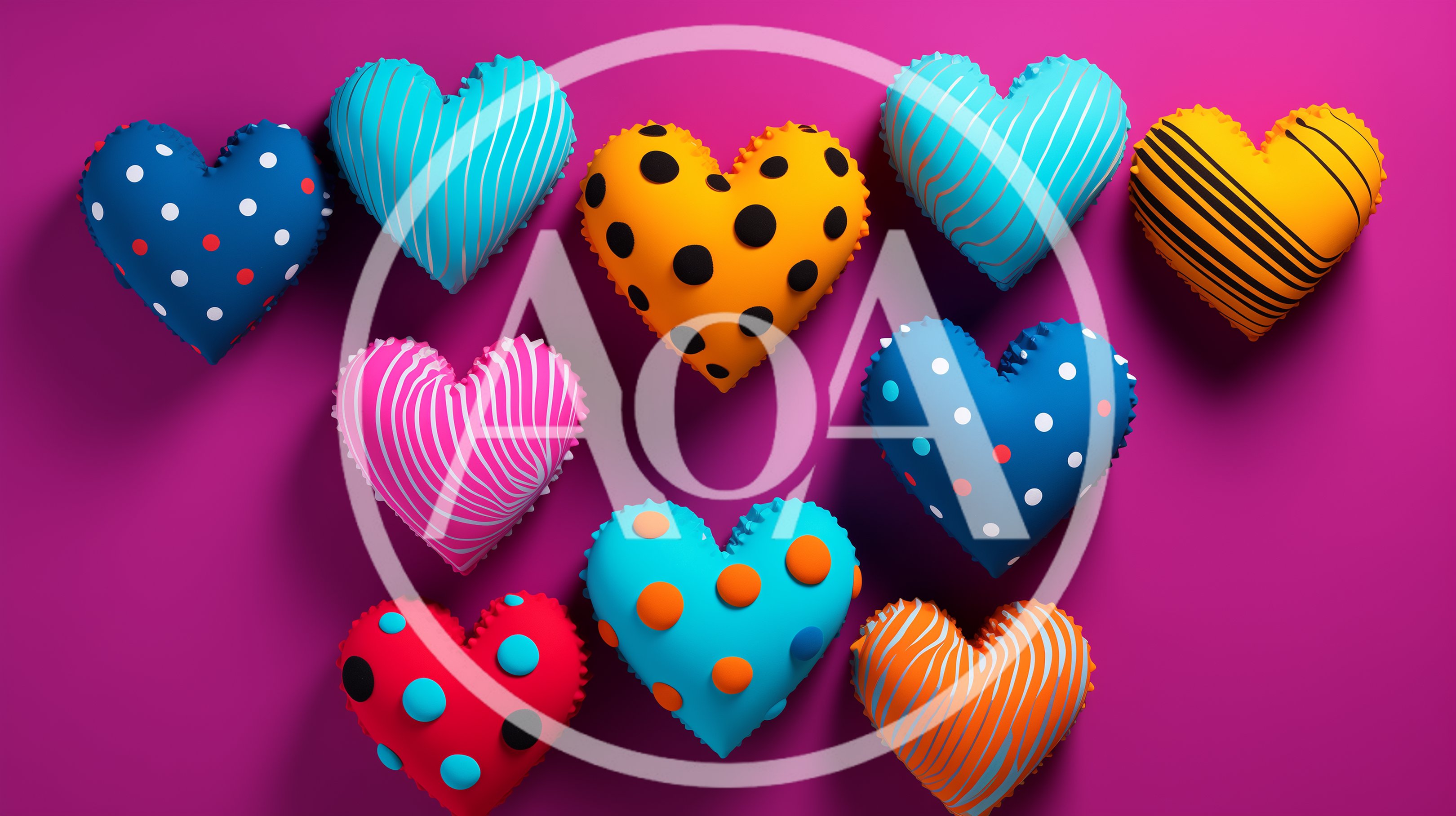 Colorful Patterned Heart Shaped Pillows on Purple Background