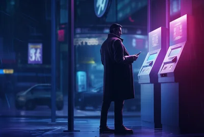 Man Using ATM in Rainy Cyberpunk City Street