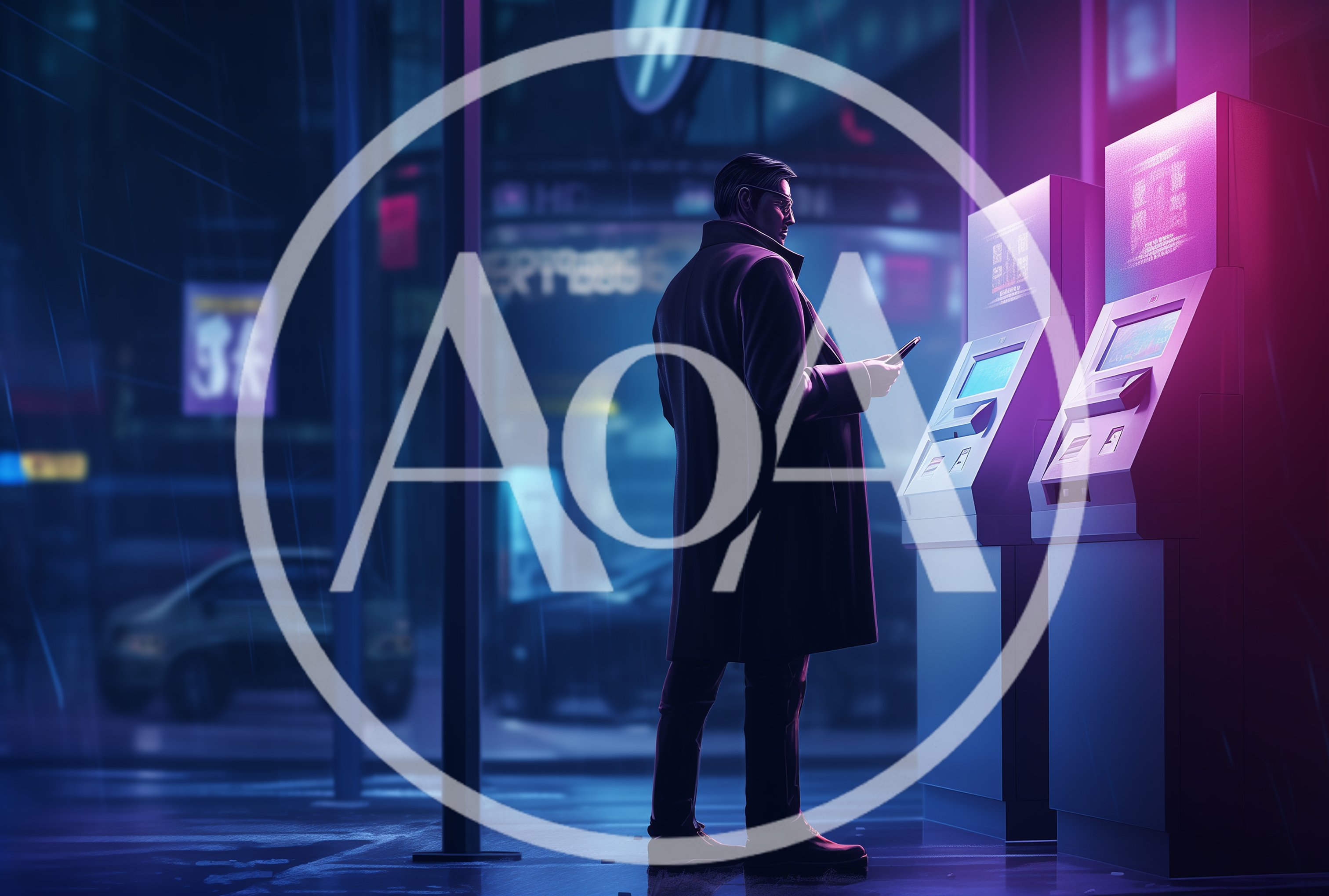 Man Using ATM in Rainy Cyberpunk City Street