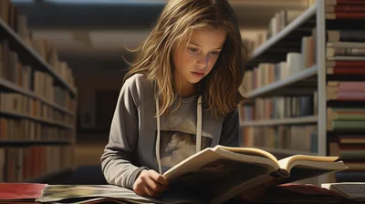 Young Girl Reading A Book In A Library
