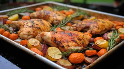 Roasted Chicken Thighs With Vegetables On Baking Sheet