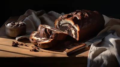 Freshly Baked Chocolate Marble Loaf Cake on Wooden Board