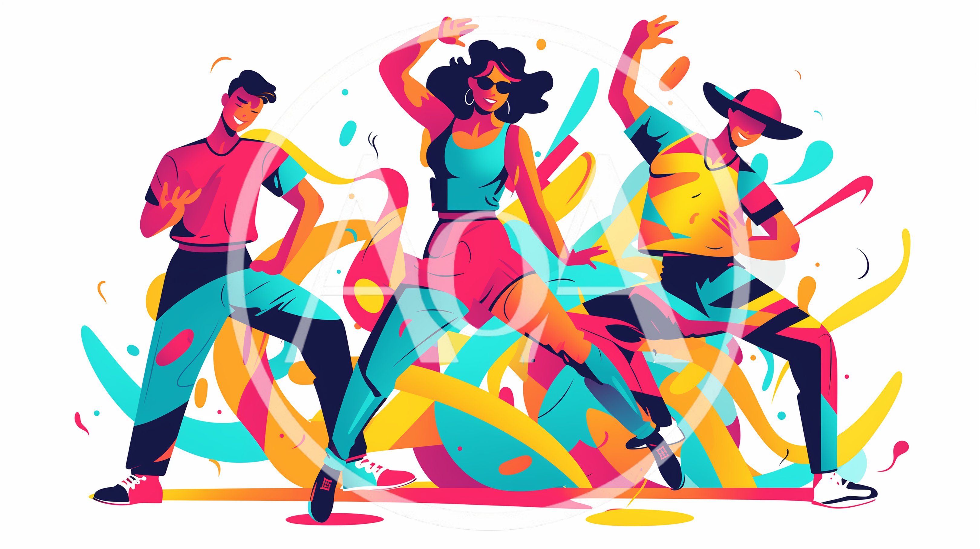 Three People Dancing In Vibrant Abstract Style