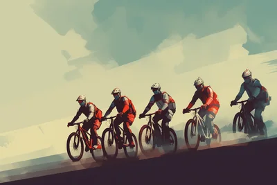 Group Of Cyclists Riding Mountain Bikes In A Row