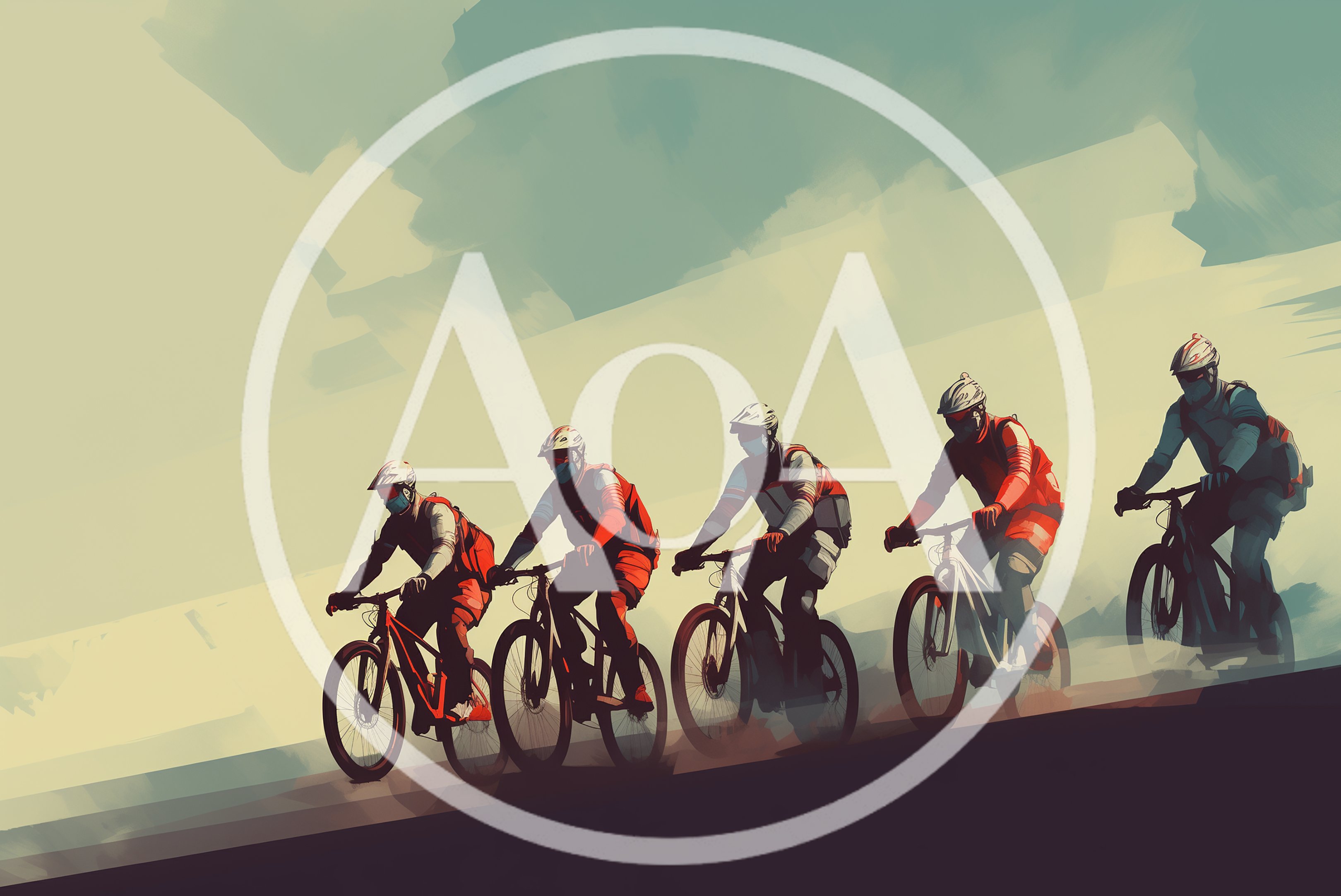 Group Of Cyclists Riding Mountain Bikes In A Row