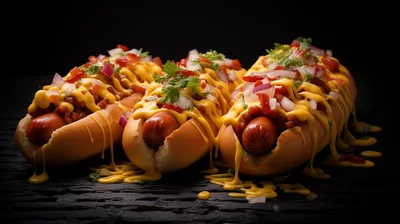 Three Gourmet Chili Cheese Hot Dogs on Black Surface