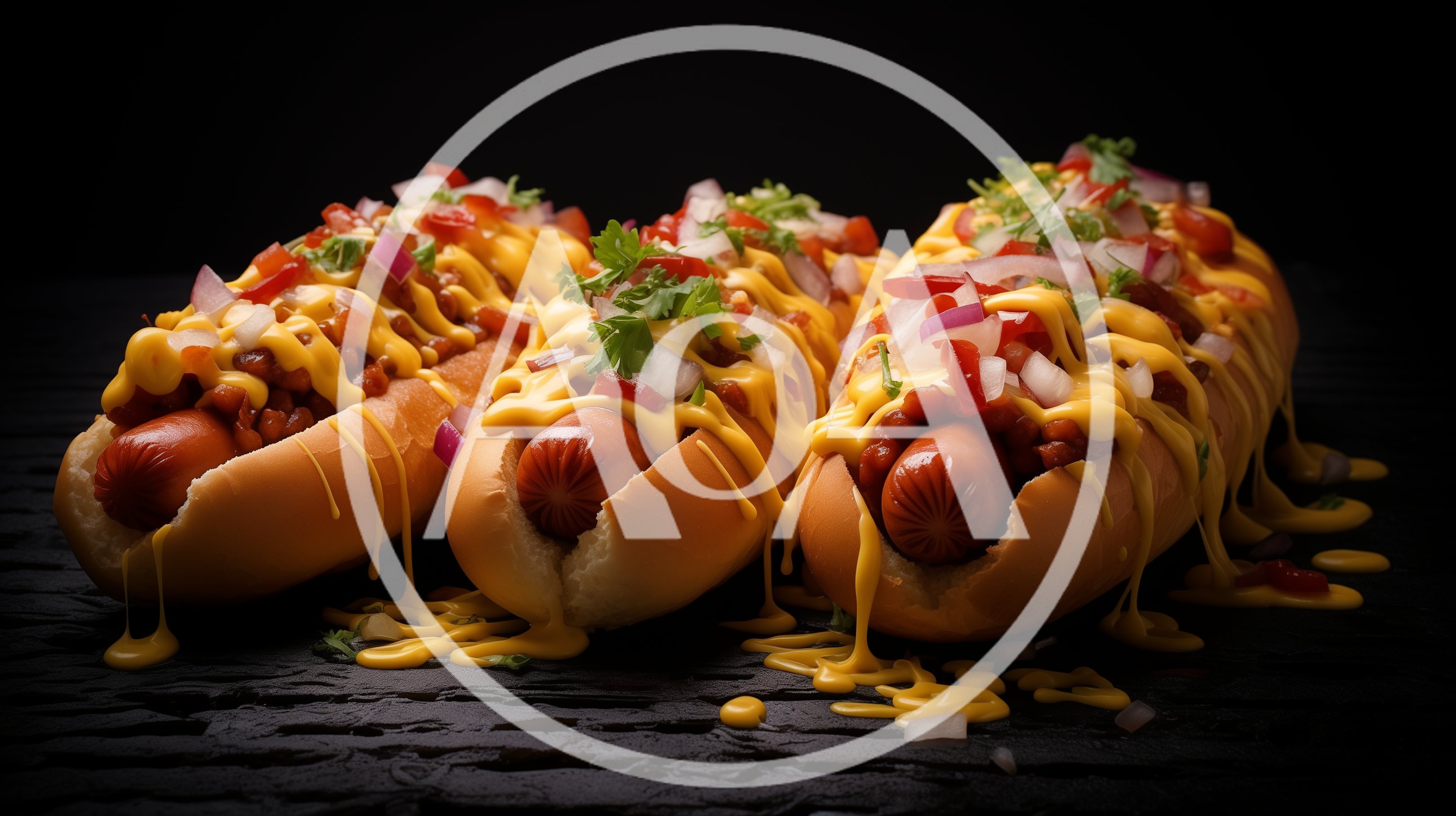 Three Gourmet Chili Cheese Hot Dogs on Black Surface