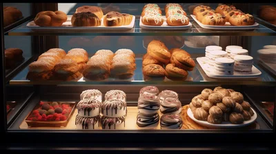 Assorted Pastries Displayed In A Bakery Showcase