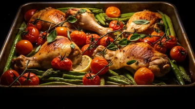 Roasted Chicken Drumsticks With Asparagus And Cherry Tomatoes