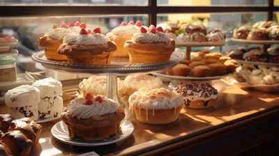 Assorted Gourmet Pastries Displayed In A Bakery Window