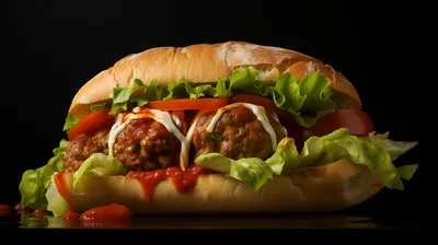 Delicious Meatball Sub Sandwich With Fresh Lettuce And Tomato