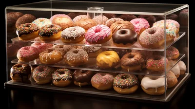Assorted Glazed Donuts Displayed In A Clear Acrylic Case