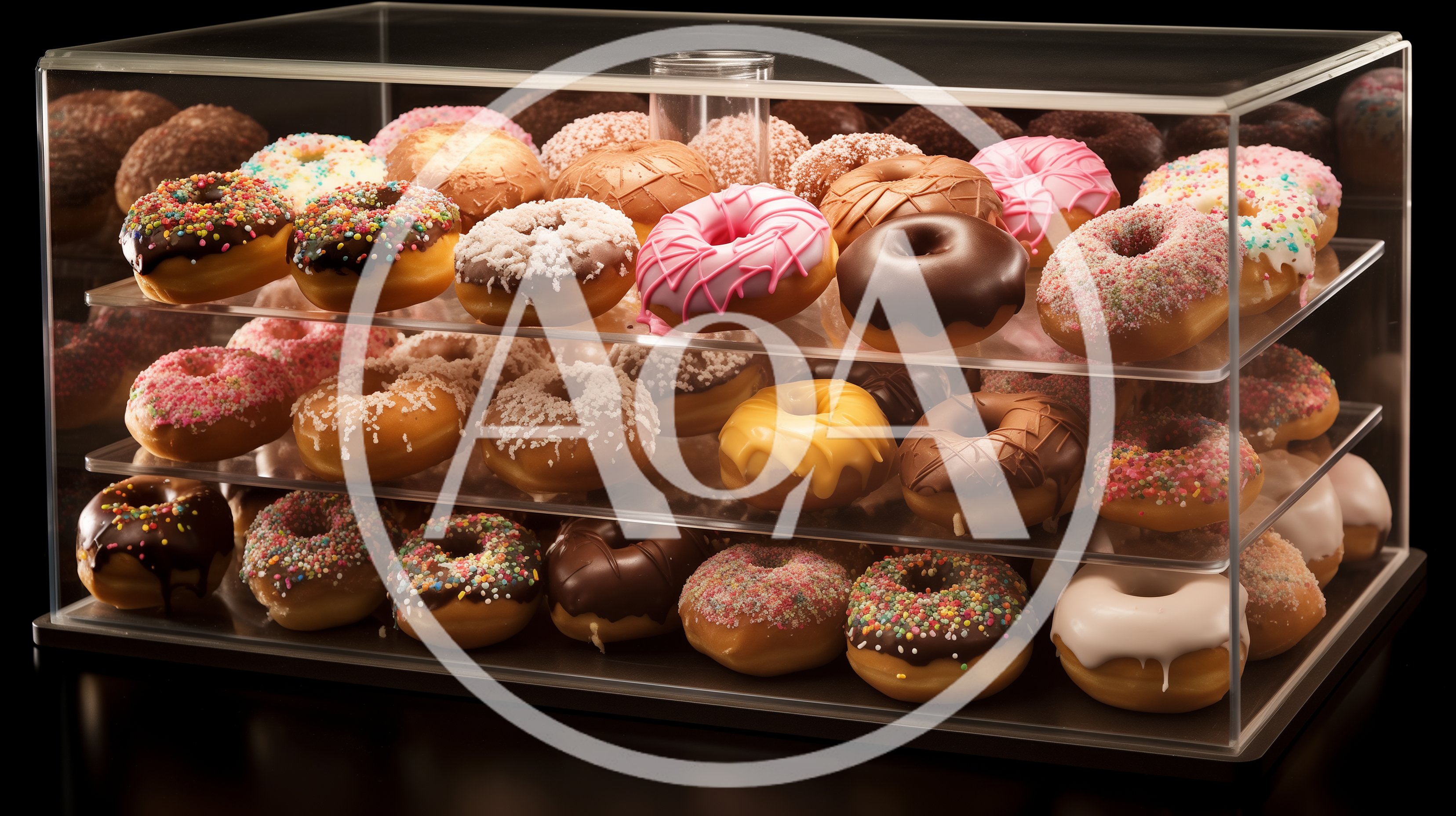 Assorted Glazed Donuts Displayed In A Clear Acrylic Case