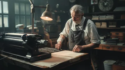 Elderly Typesetter Working In A Vintage Print Shop
