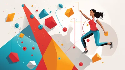 Woman Bouldering On Abstract Geometric Climbing Wall