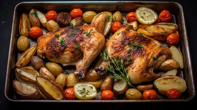 Roasted Chicken With Potatoes And Tomatoes On Baking Sheet