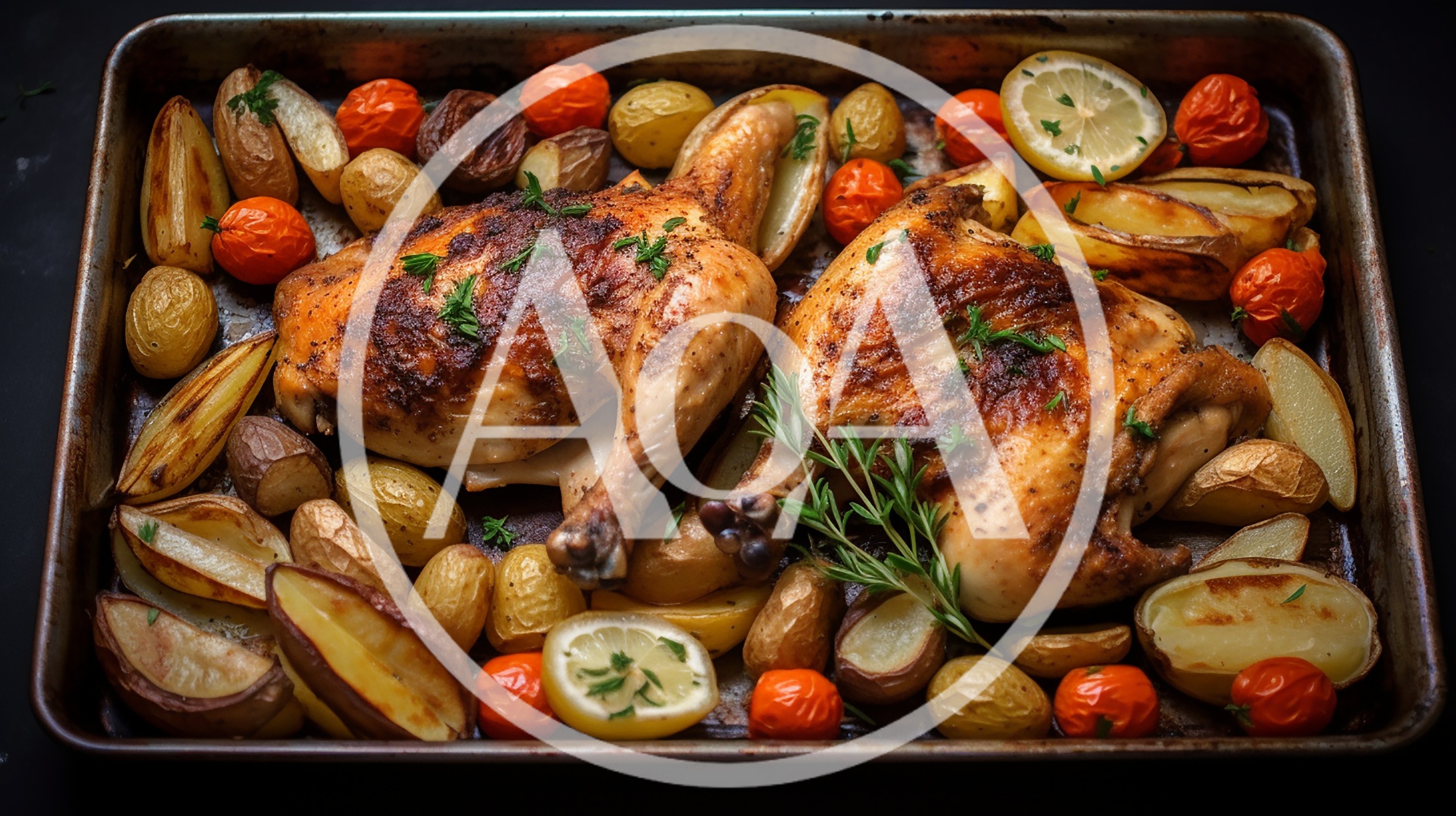 Roasted Chicken With Potatoes And Tomatoes On Baking Sheet