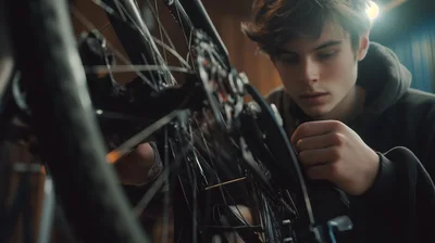 Young Man Repairing Bicycle In Workshop