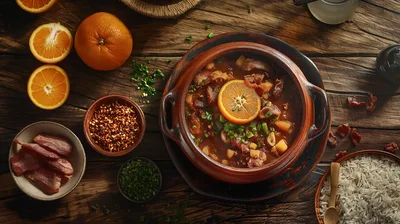 Top View Of Brazilian Feijoada With Orange And Rice