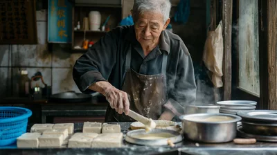 Elderly Asian Man Preparing Traditional Tofu In Kitchen