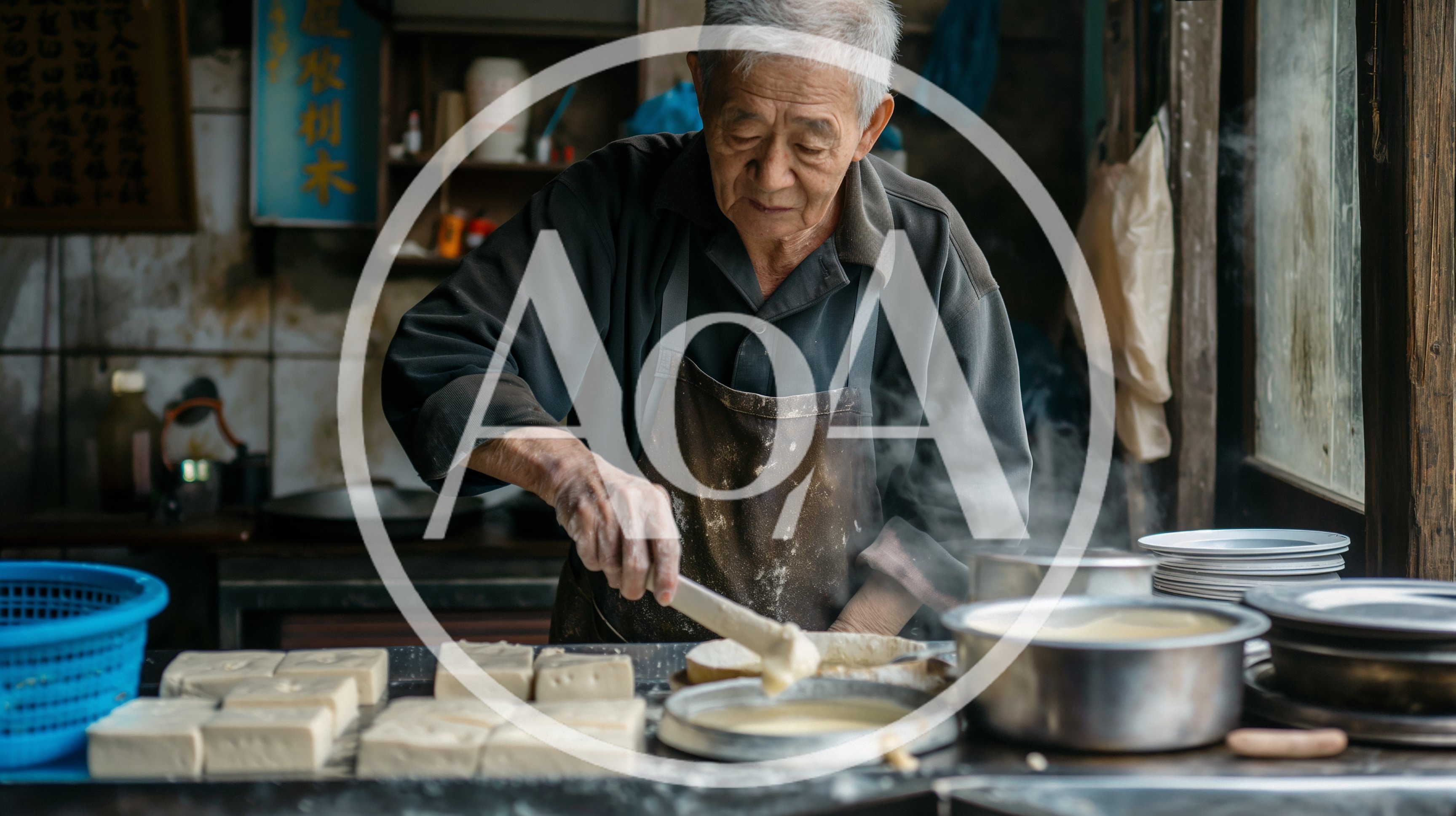 Elderly Asian Man Preparing Traditional Tofu In Kitchen