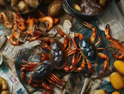 Fresh Seafood Boil Ingredients On Newspaper