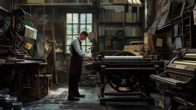 Man Operating Vintage Printing Press In Workshop