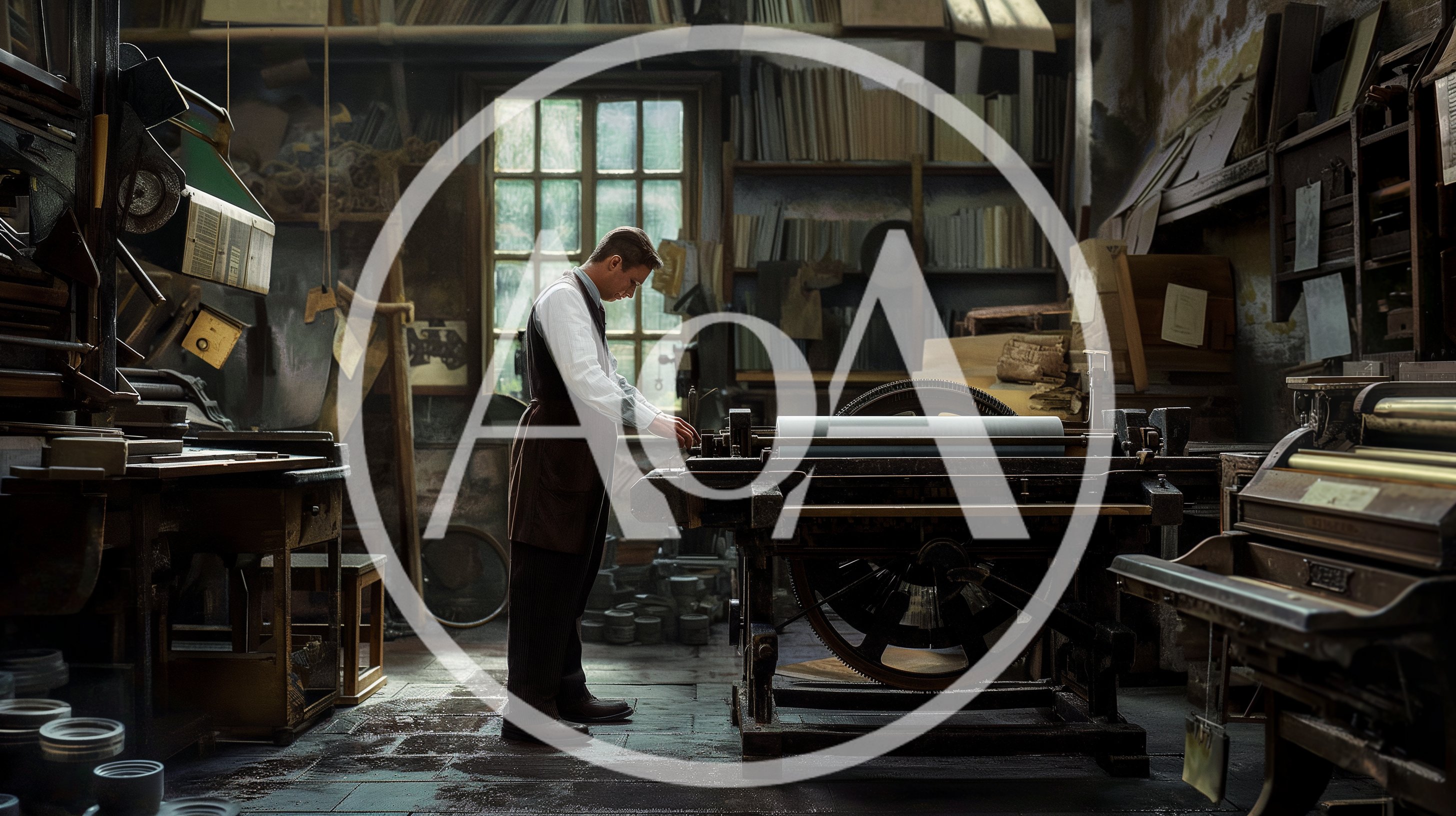 Man Operating Vintage Printing Press In Workshop