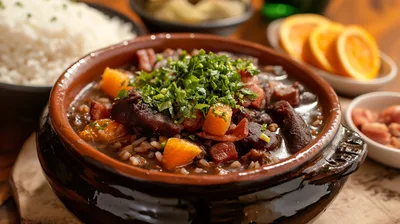 Traditional Brazilian Feijoada Stew in Clay Pot