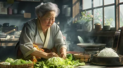 Elderly Japanese Woman Preparing Fresh Vegetables In Kitchen