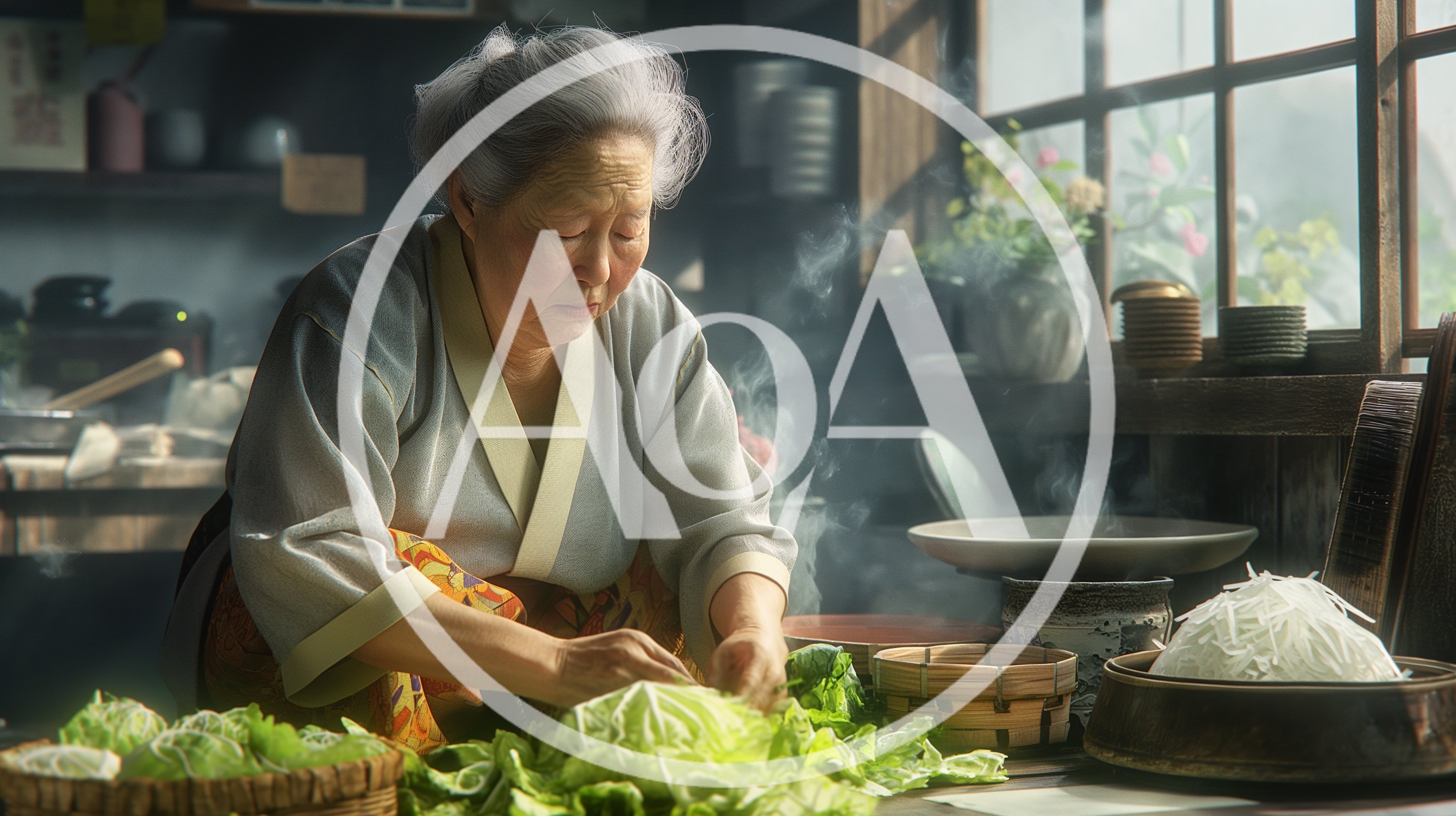 Elderly Japanese Woman Preparing Fresh Vegetables In Kitchen