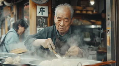 Elderly Asian Chef Steaming Dumplings In A Street Stall