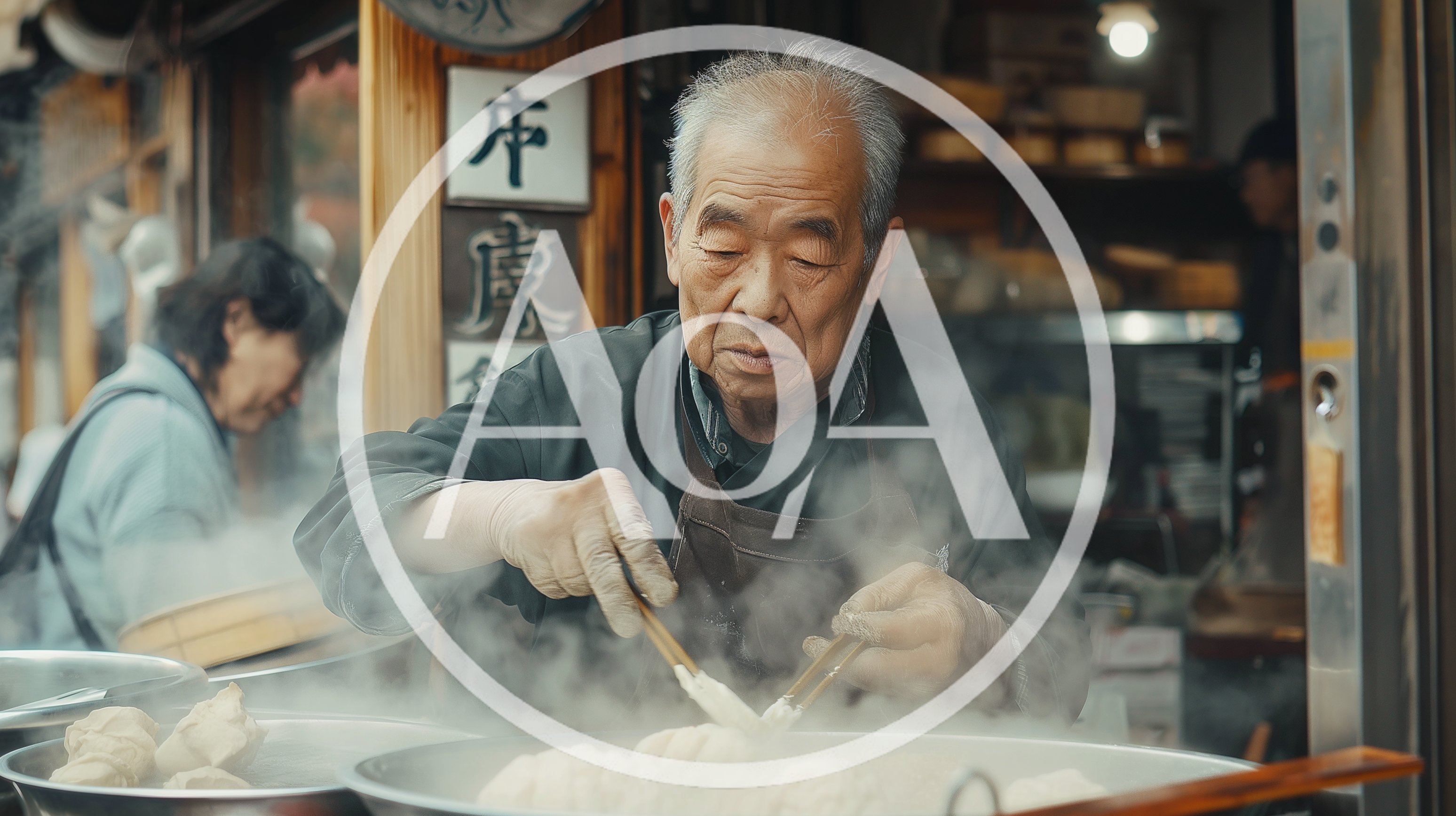 Elderly Asian Chef Steaming Dumplings In A Street Stall