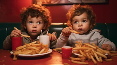Two Toddlers Eating French Fries in a Diner