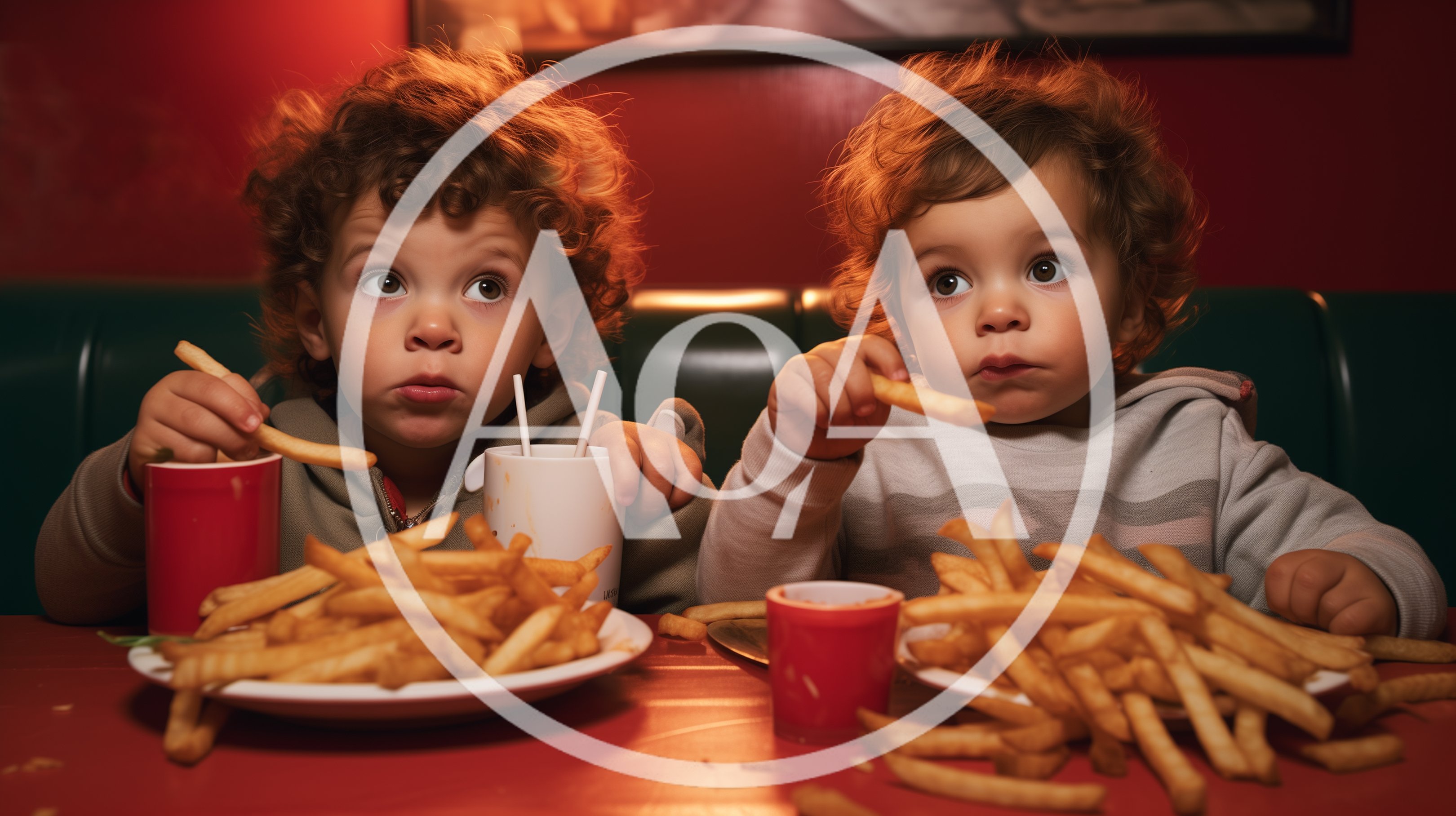 Two Toddlers Eating French Fries in a Diner