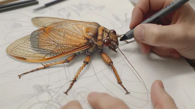 Artist Drawing A Detailed Cicada Illustration On Paper