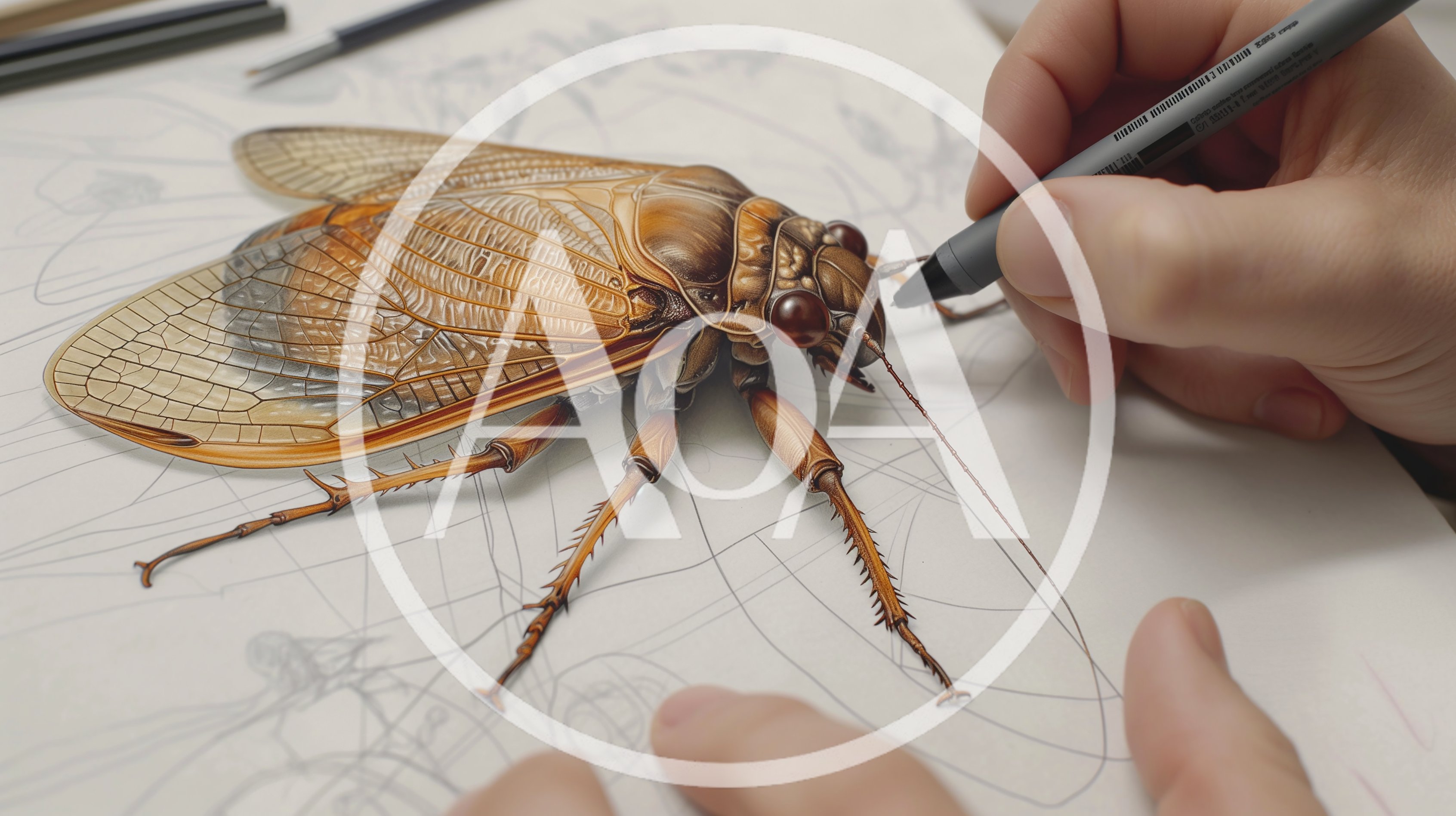 Artist Drawing A Detailed Cicada Illustration On Paper