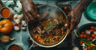 Chef Preparing Hearty Meat Stew In Kitchen