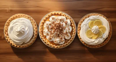 Three Distinctive Cream Pies On A Wooden Table