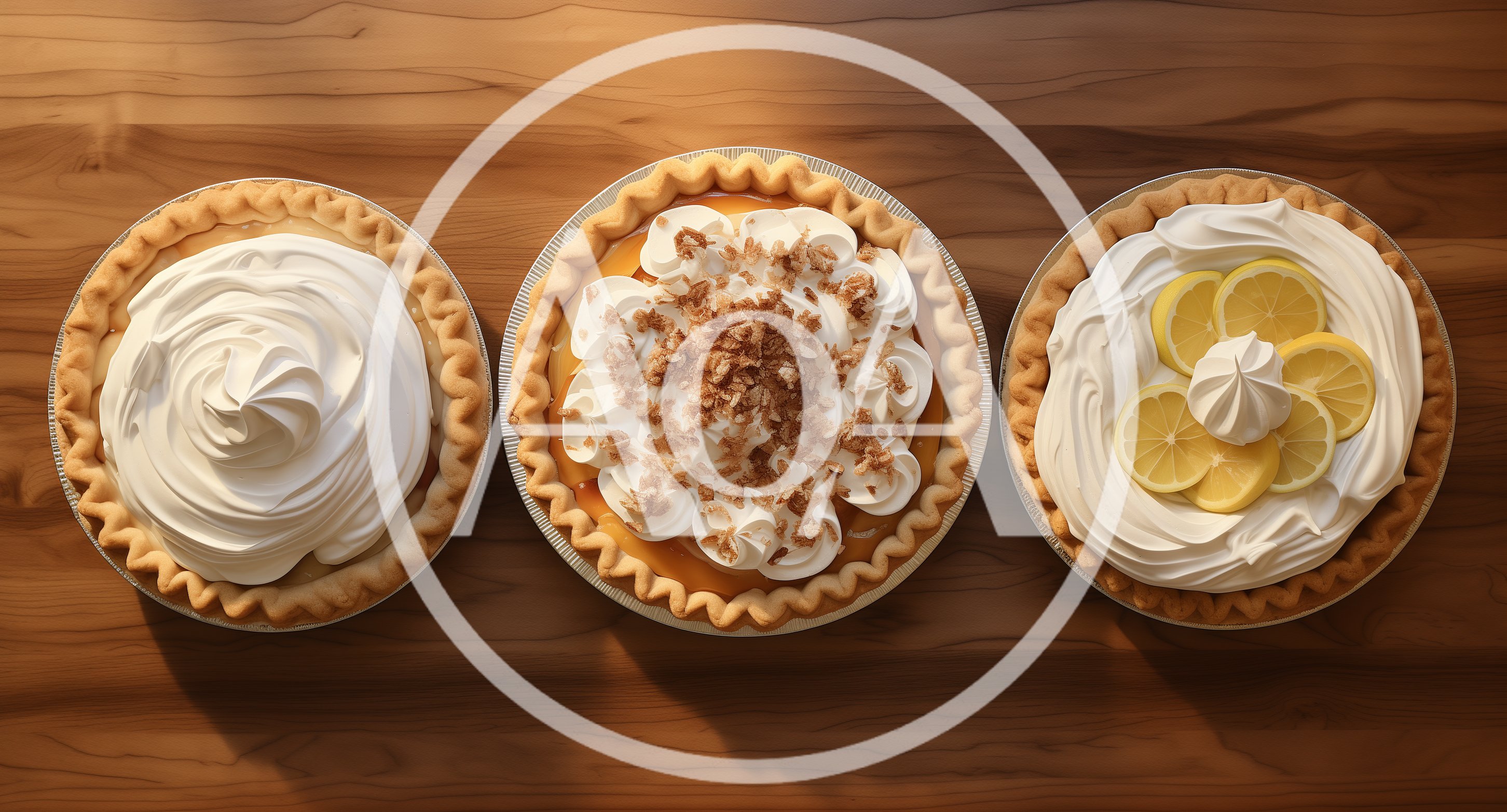 Three Distinctive Cream Pies On A Wooden Table