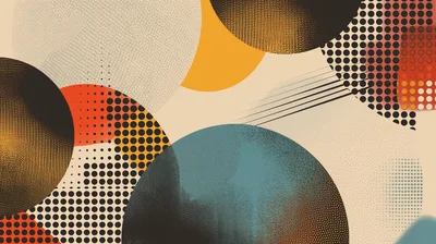 Abstract Geometric Composition With Halftone Circles And Textures