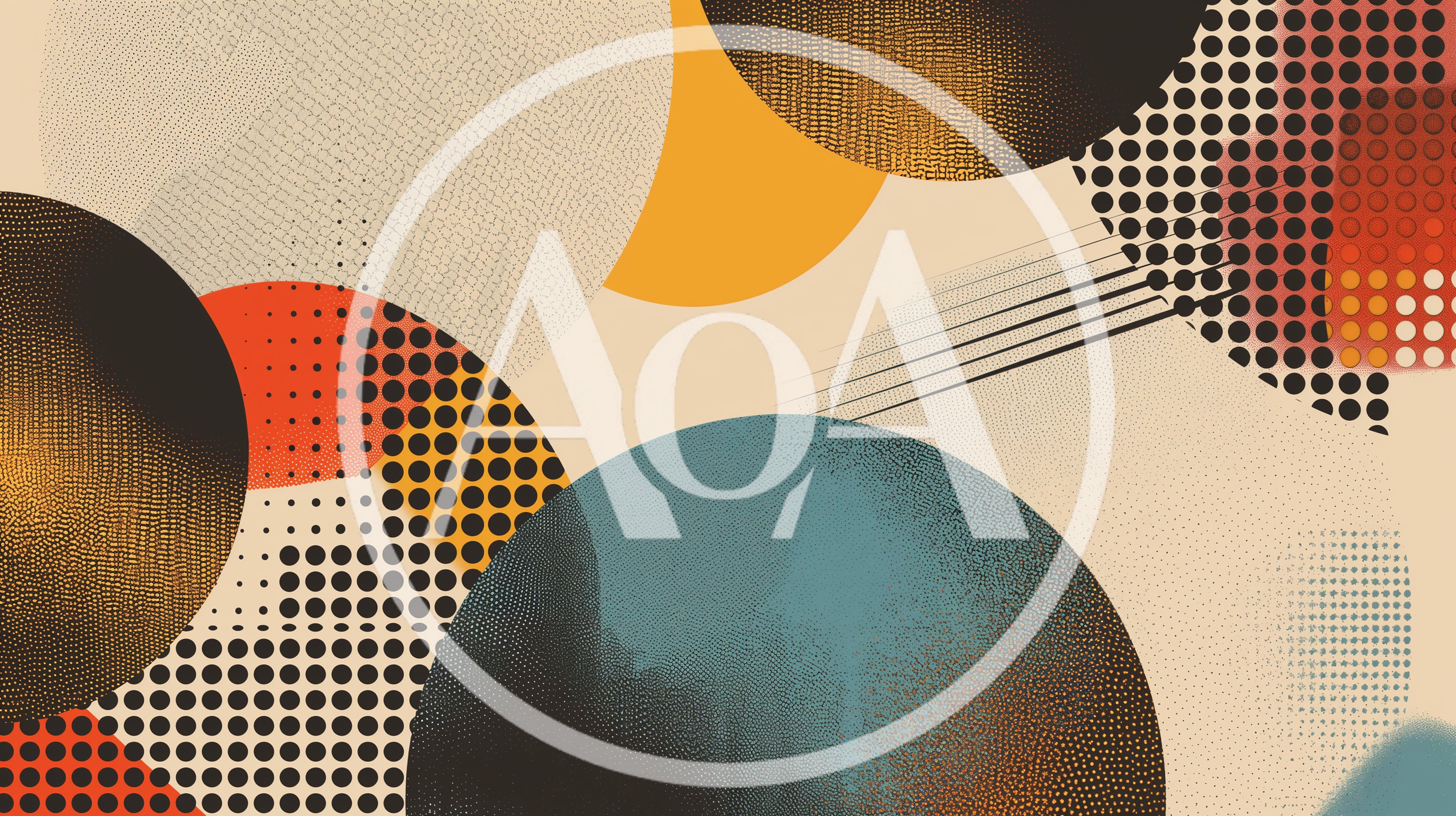 Abstract Geometric Composition With Halftone Circles And Textures